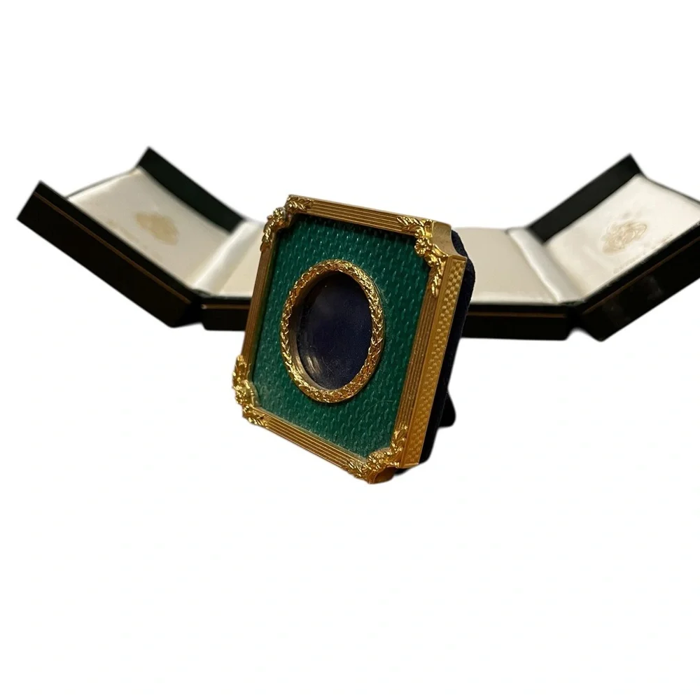Antique Kitney & Co Guilloche Enamel Frame Green Gold Gilded Boxed 2.25in